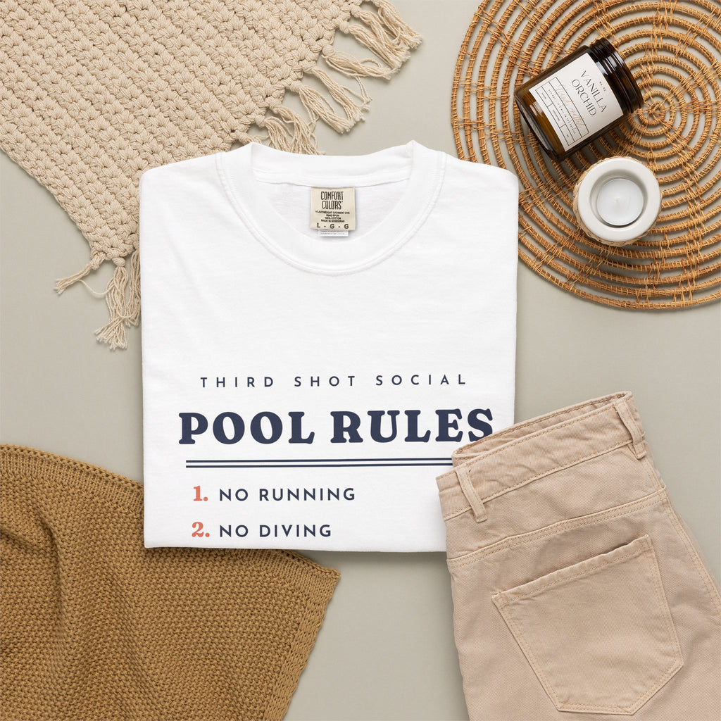 Pool Rules Tee in White, flat lay