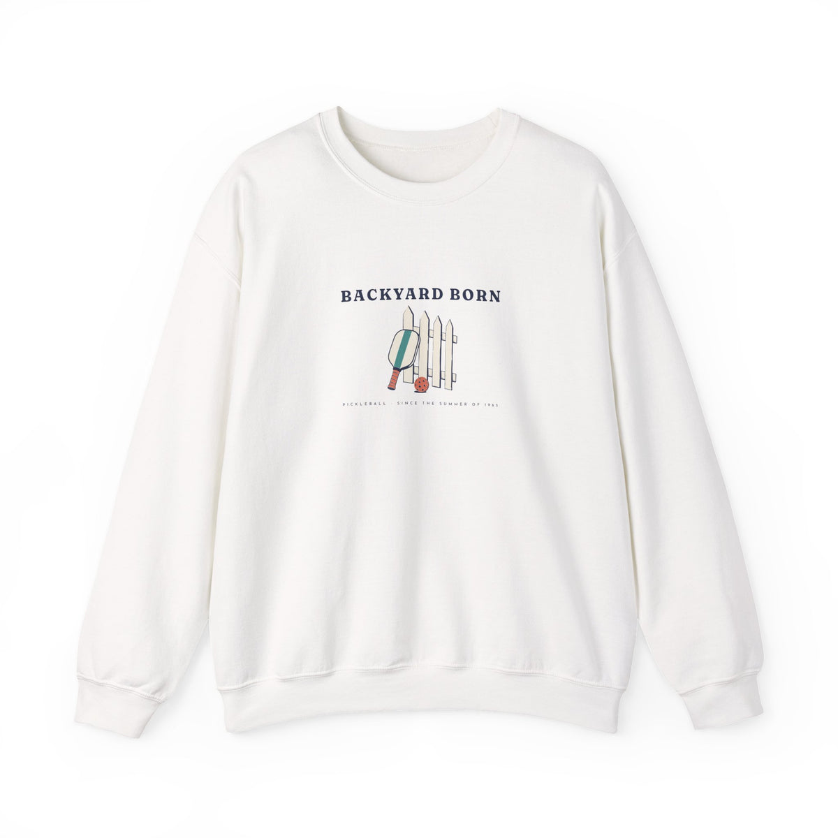 Backyard Born Crewneck in White, front view