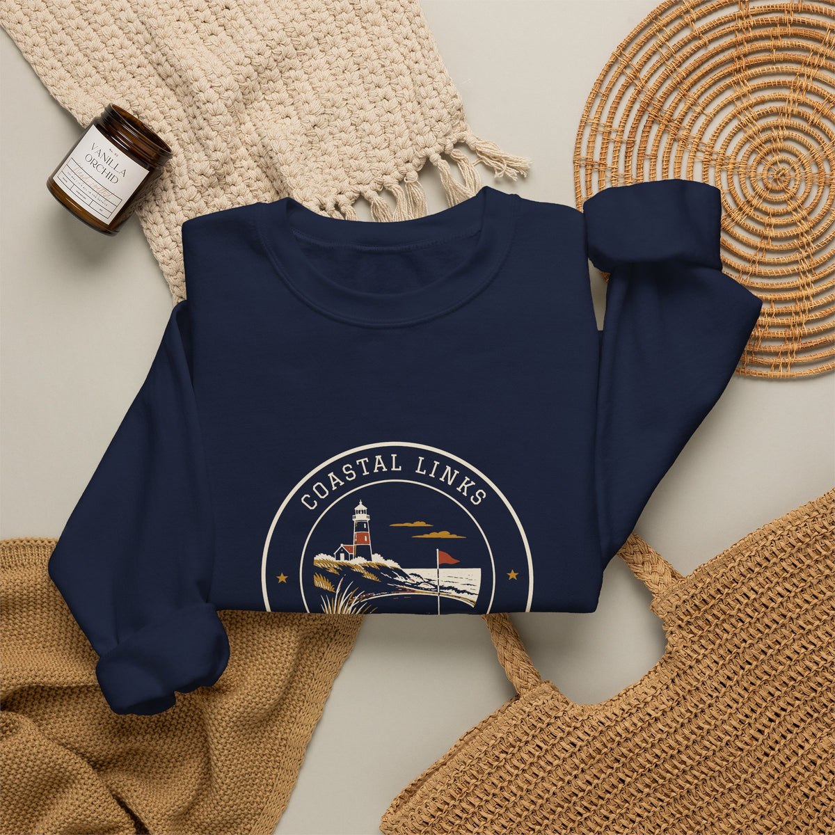 Coastal Links Crewneck in Navy, flat lay