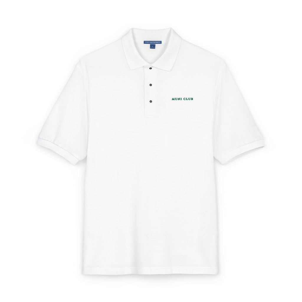 Muni Club Wordmark Polo in White, embroidery close-up