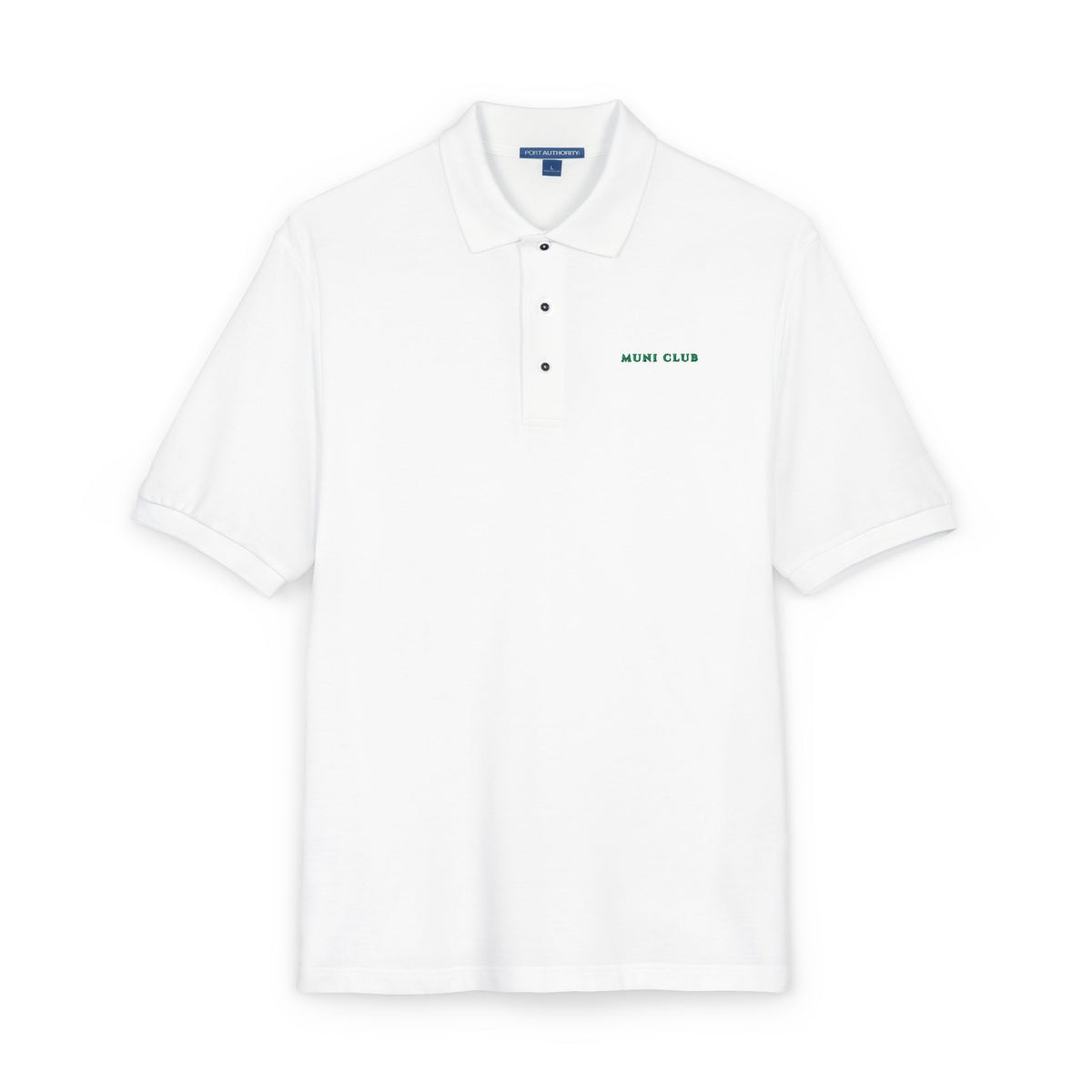 Muni Club Wordmark Polo in White, embroidery close-up