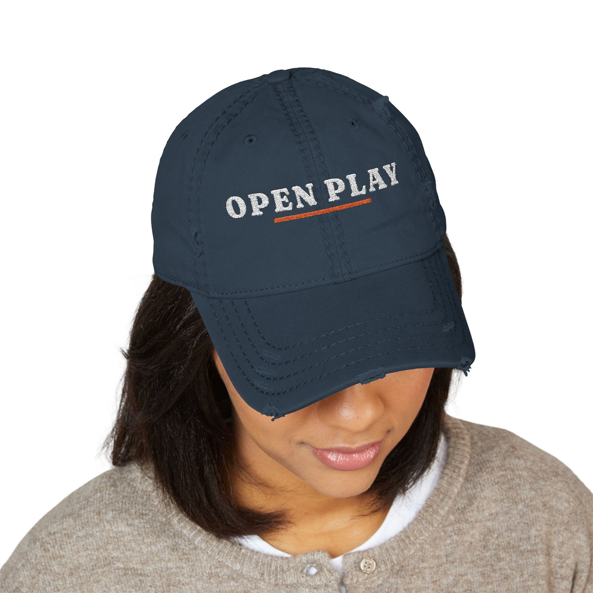 Open Play Dad Hat in Dark Navy, on model