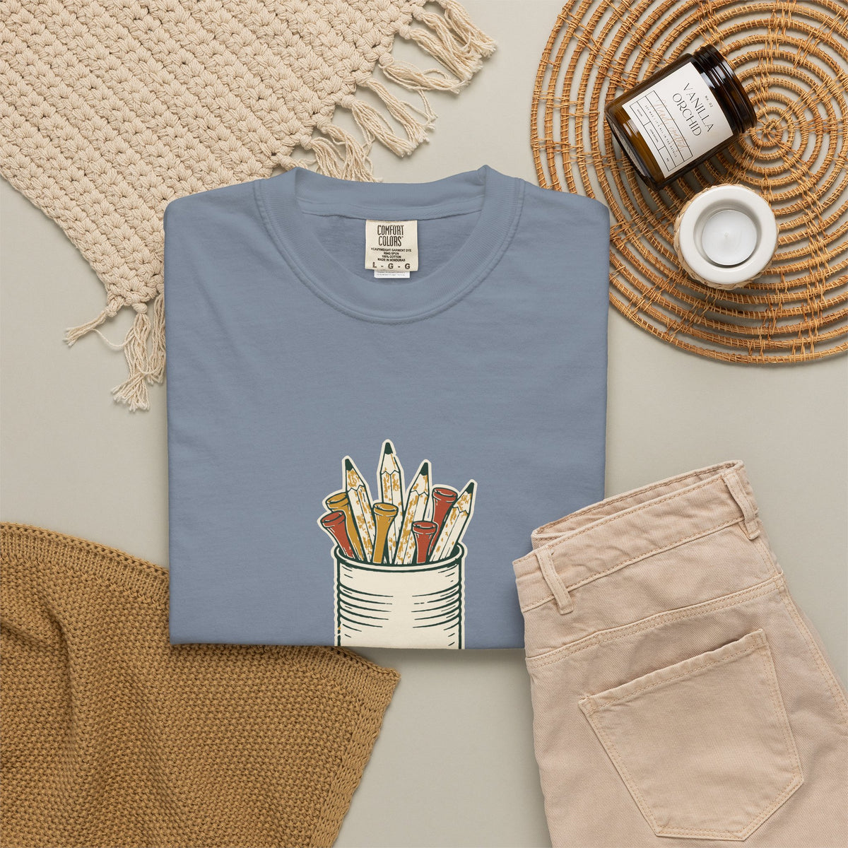 Pencils Are Free Tee in Blue Jean, flat lay