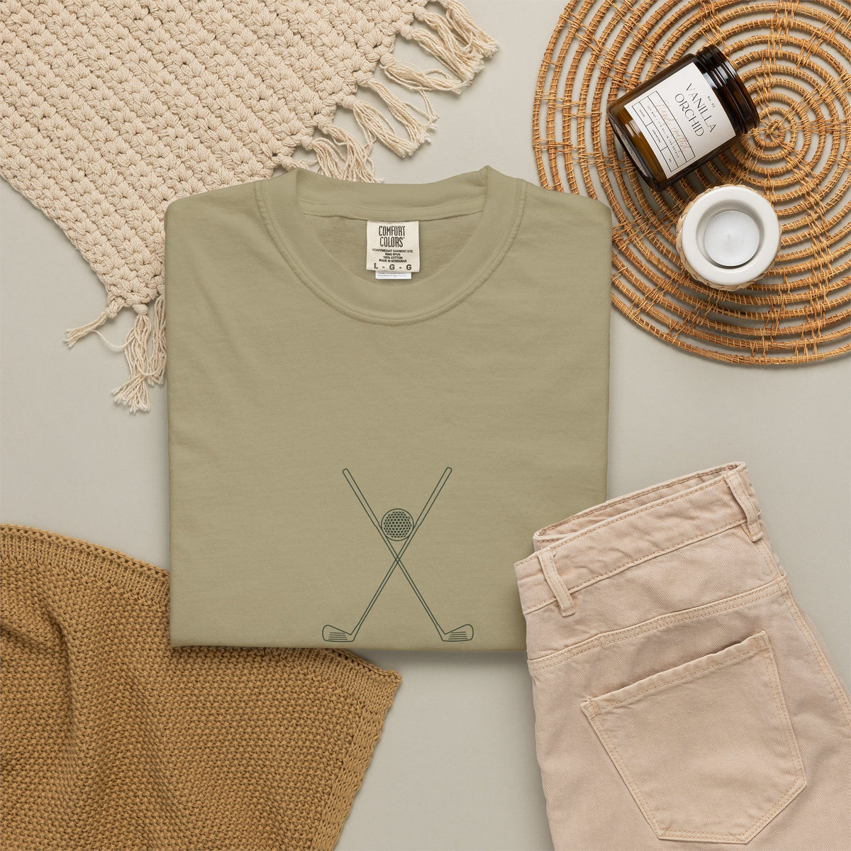 Crossed Irons Tee in Khaki, fabric and print detail
