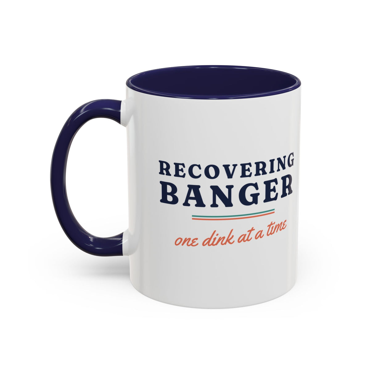 Recovering Banger Mug in Navy, design, handle left