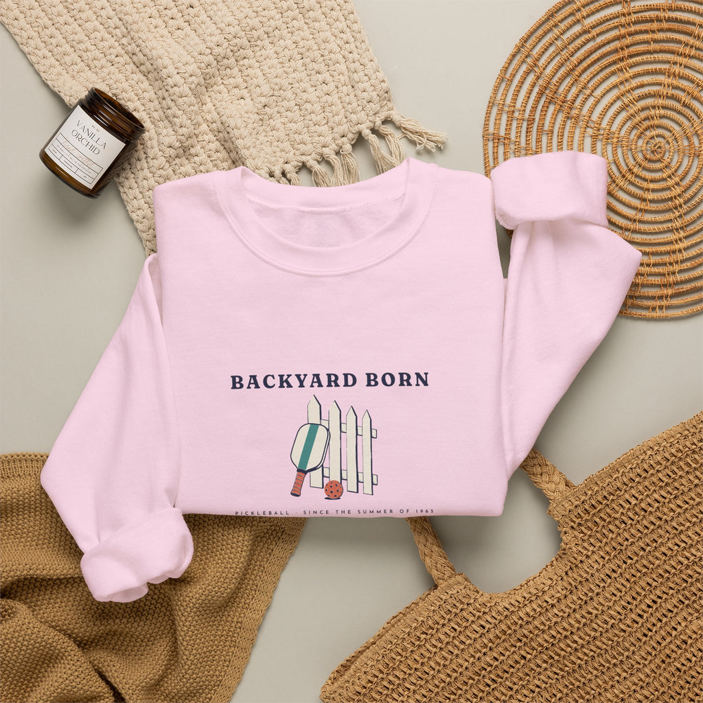 Backyard Born Crewneck in Light Pink, flat lay