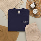 Script Chest Mark Tee in True Navy, fabric and print detail