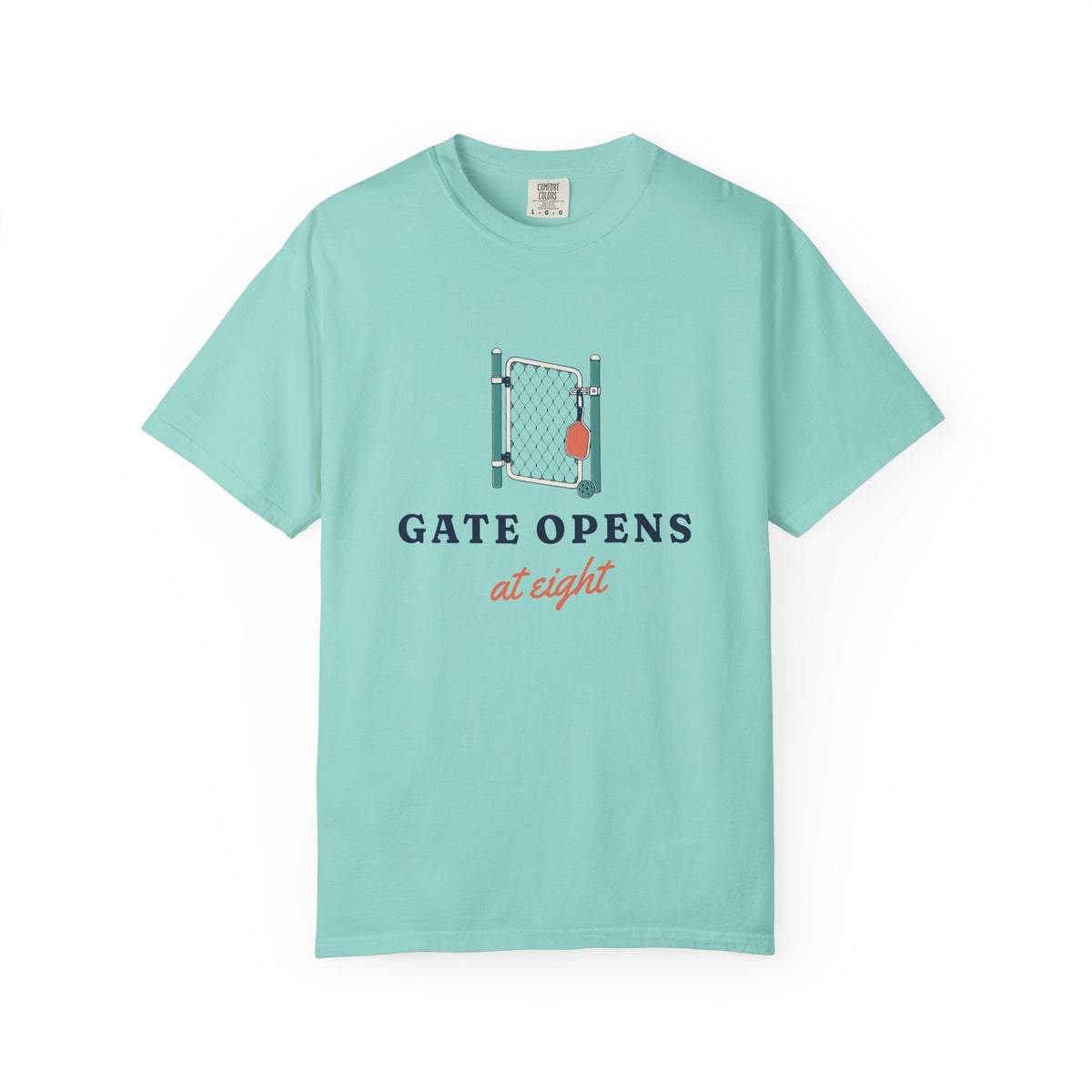 Gate Opens at Eight Tee in Chalky Mint, front view