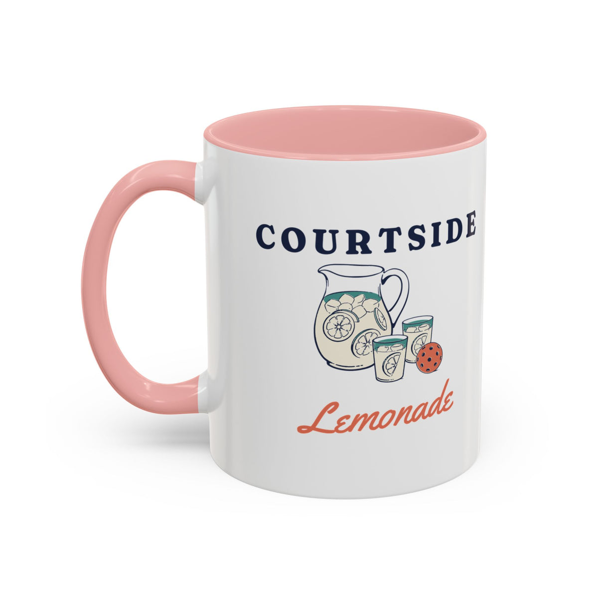 Courtside Lemonade Mug in Pink, design, handle left