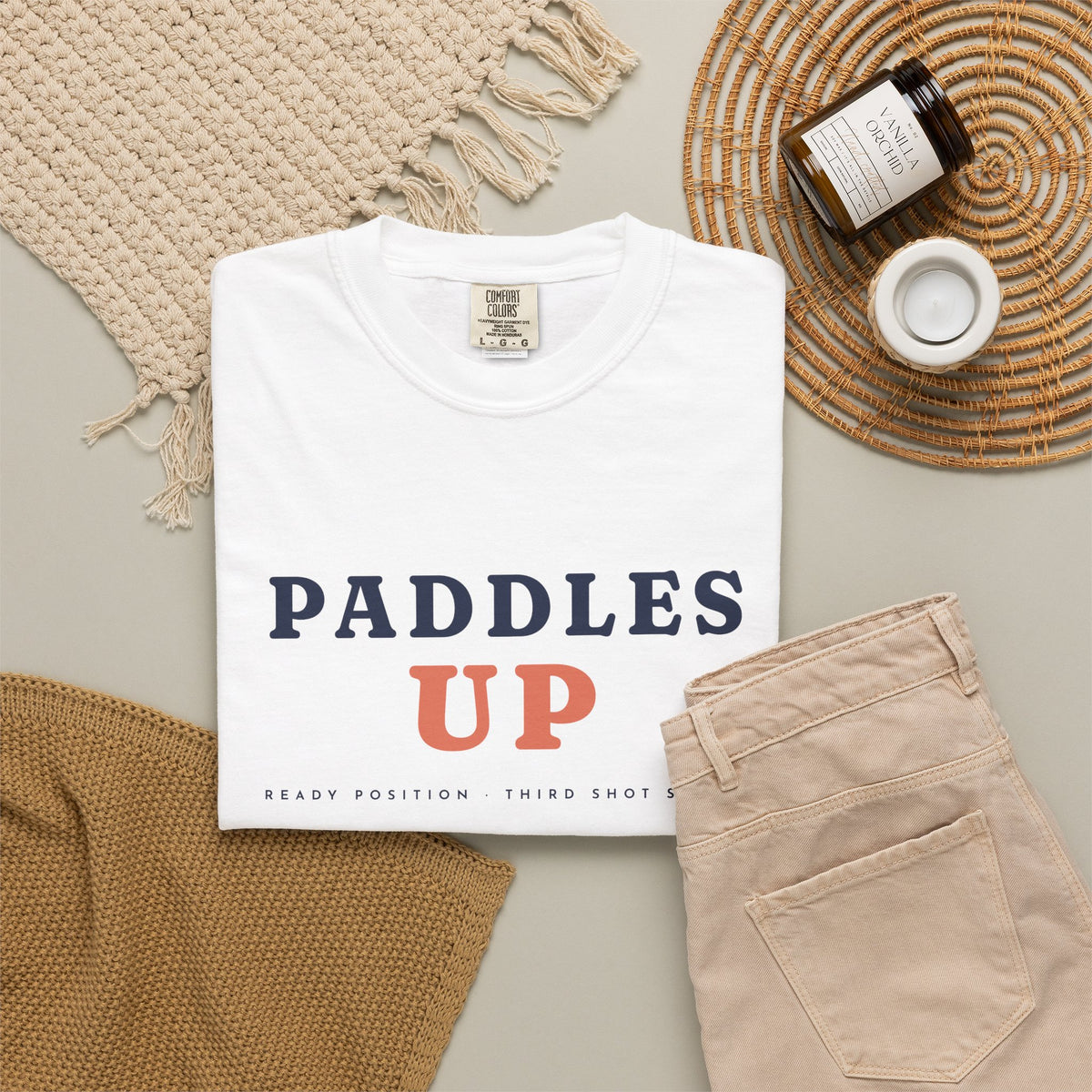 Paddles Up Tee in White, flat lay