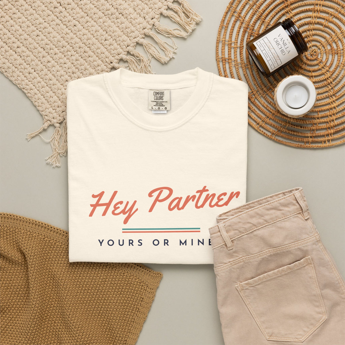 Hey Partner Tee in Ivory, flat lay
