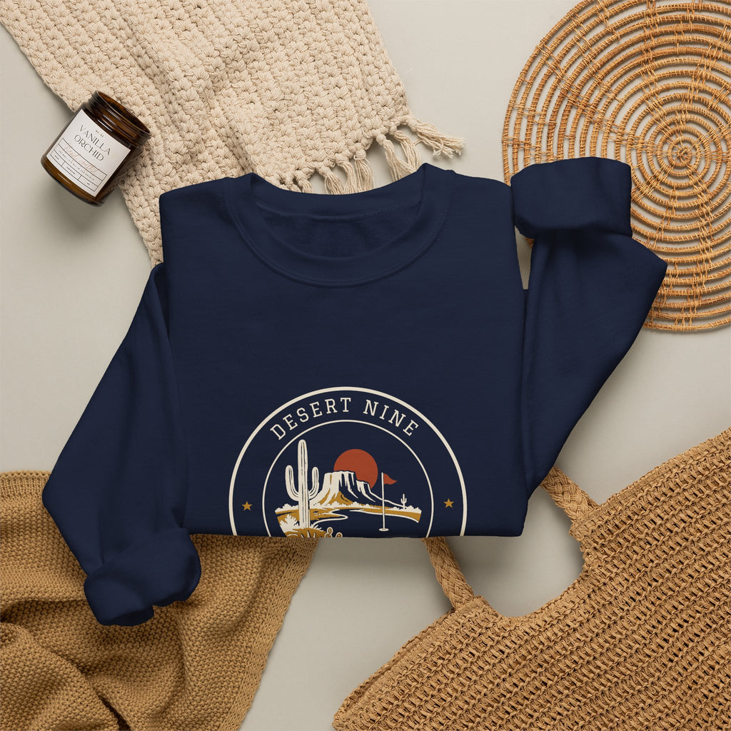 Desert Nine Crewneck in Navy, flat lay