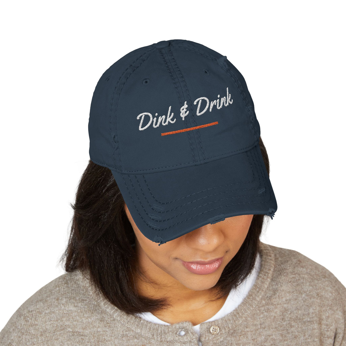 Dink & Drink Dad Hat in Dark Navy, on model