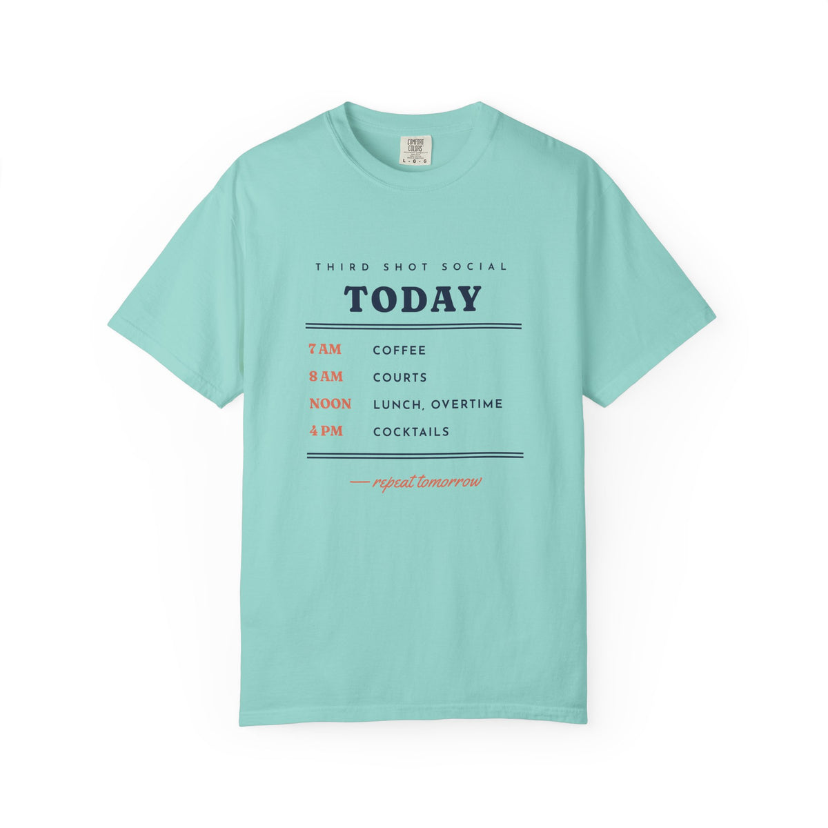 Coffee, Courts, Cocktails Tee in Chalky Mint, front view