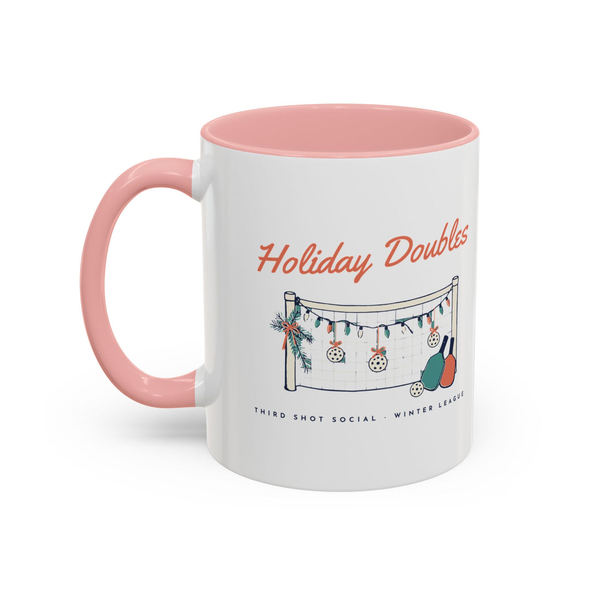 Holiday Doubles Mug in Pink, design, handle left