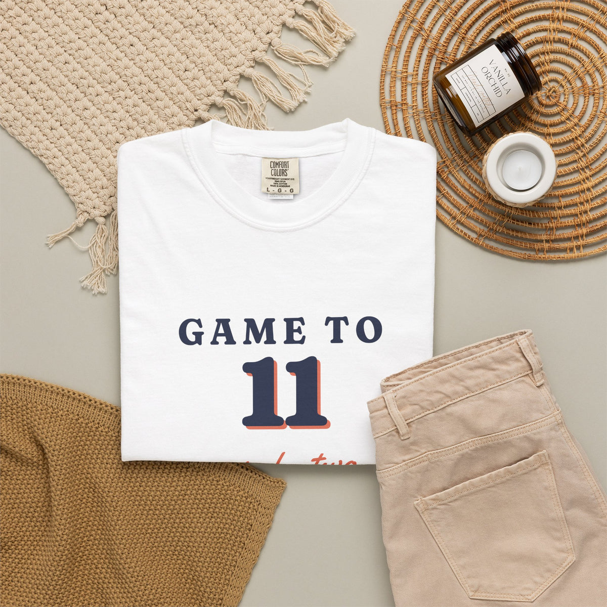 Game to Eleven Tee in White, flat lay