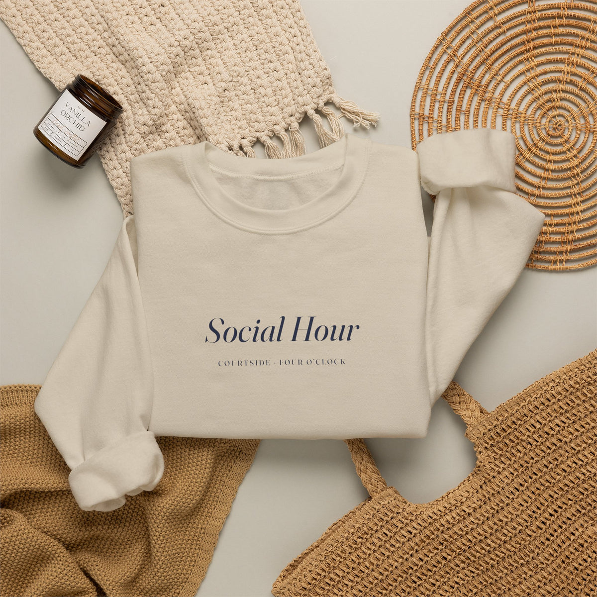 Social Hour Crewneck in Sand, flat lay