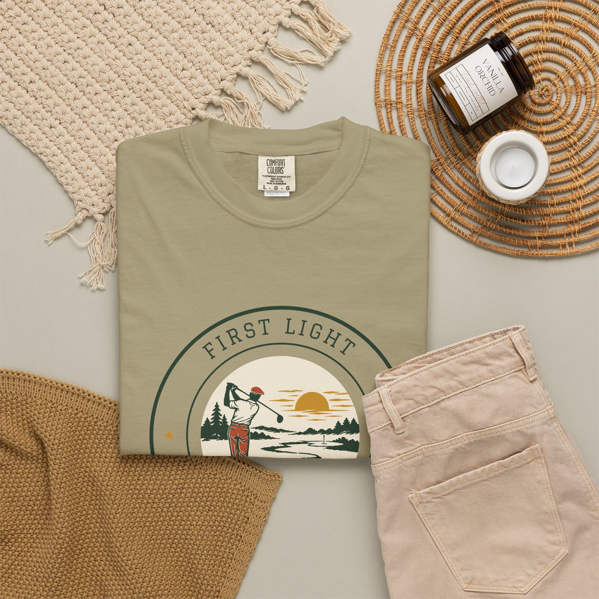 First Light Tee in Khaki, flat lay