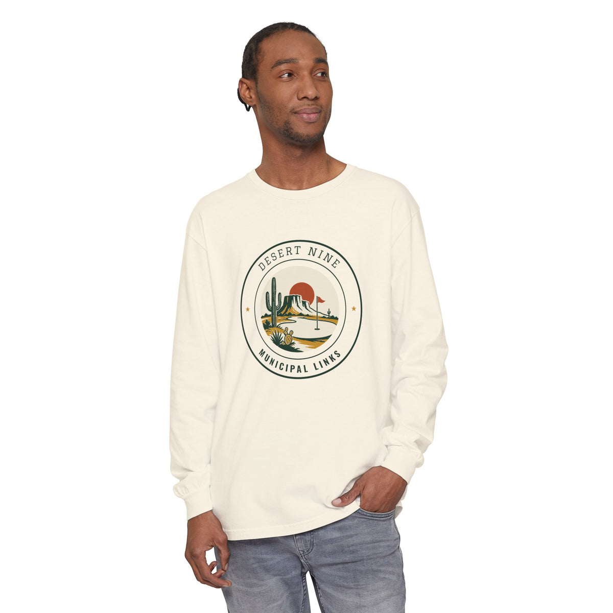 Desert Nine Long Sleeve Tee in Ivory, on model