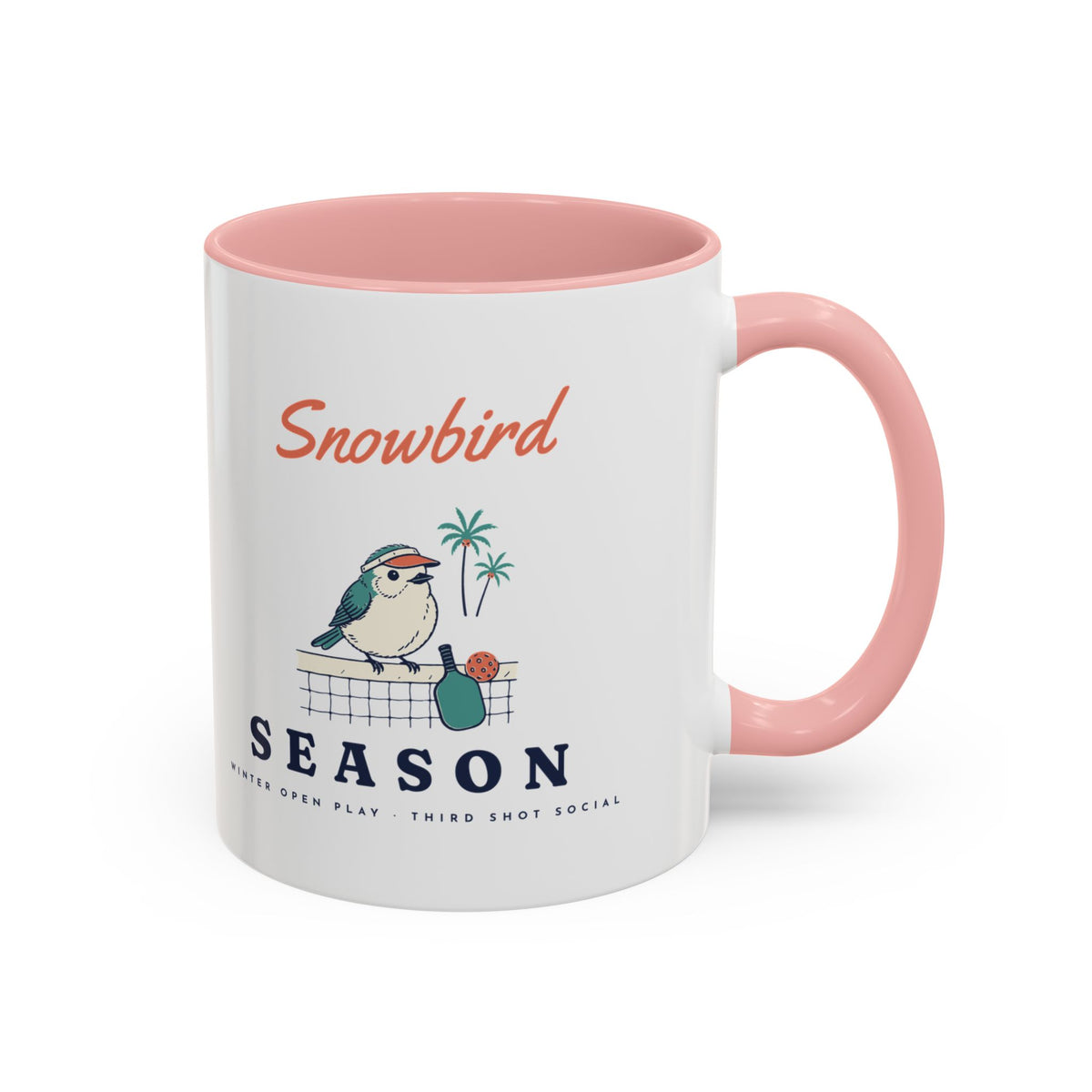 Snowbird Season Mug in Pink, design, handle right
