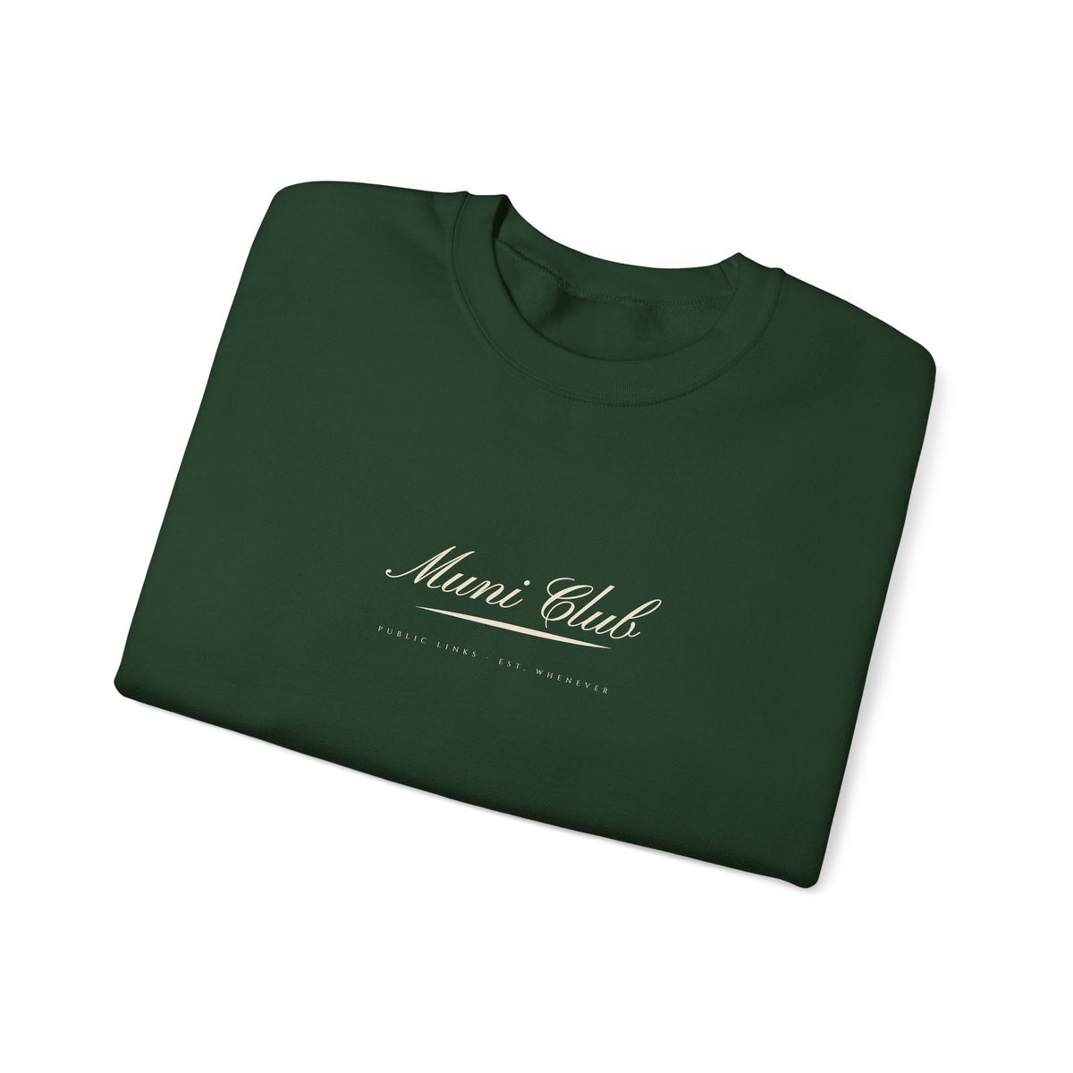 Muni Club Script Crewneck in Forest Green, folded