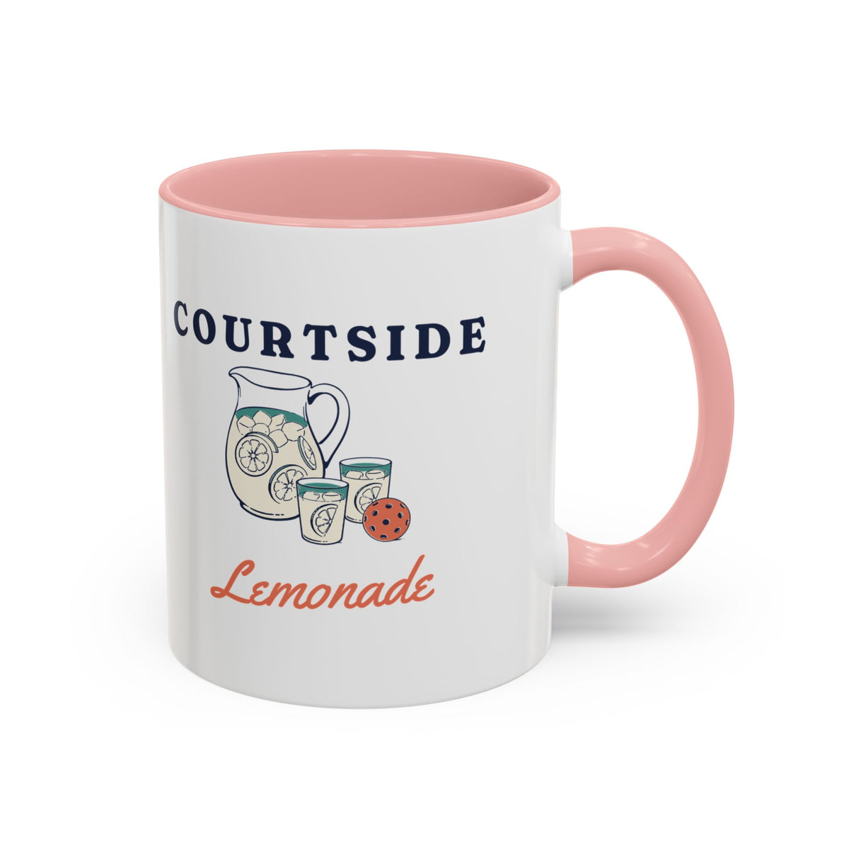 Courtside Lemonade Mug in Pink, design, handle right