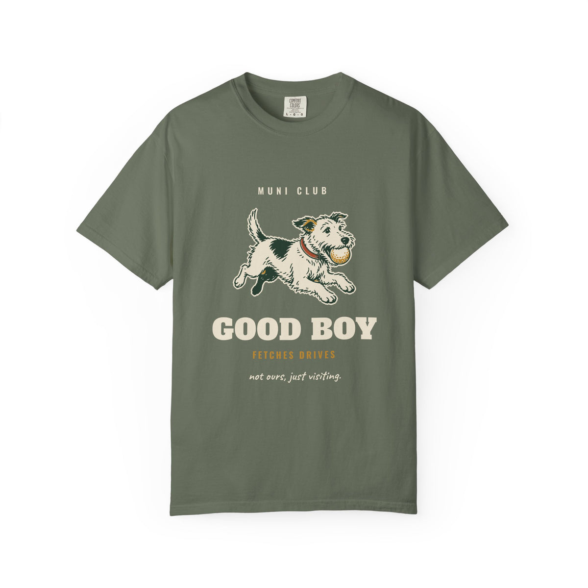 Good Boy Tee in Moss, front view