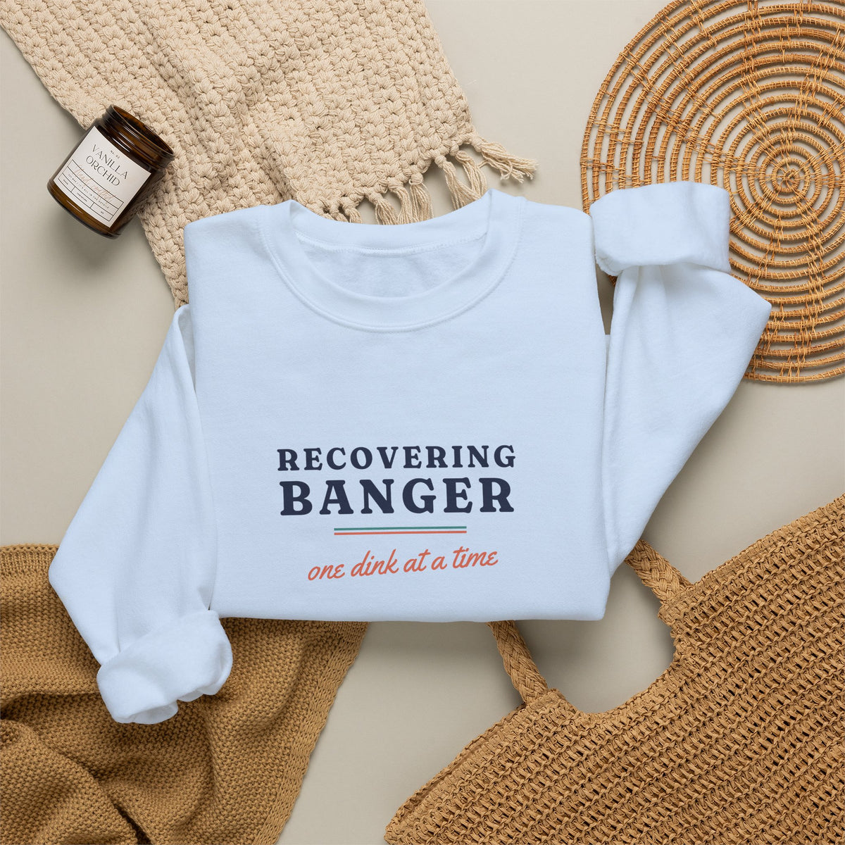 Recovering Banger Crewneck in Light Blue, flat lay