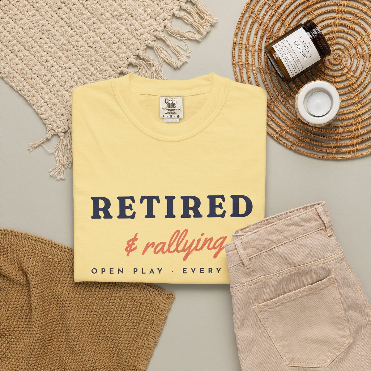 Retired & Rallying Tee in Butter, flat lay