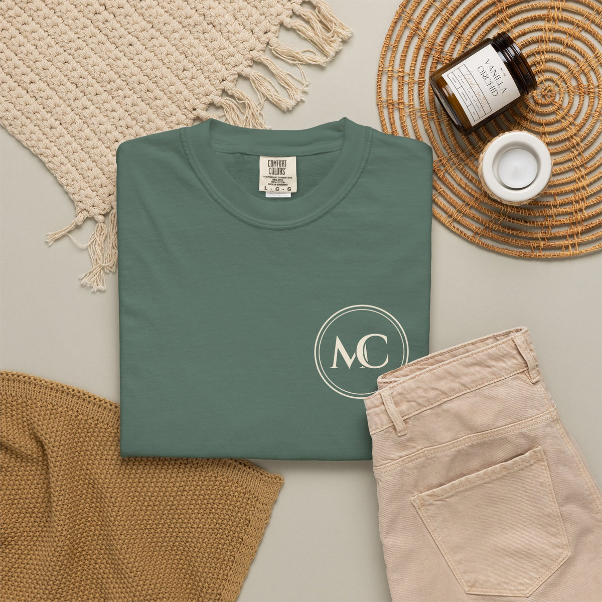 MC Chest Monogram Tee in Blue Spruce, fabric and print detail