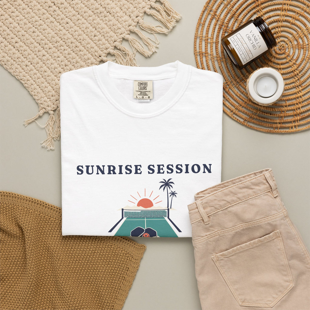 Sunrise Session Tee in White, flat lay