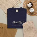 Muni Club Script Tee in True Navy, fabric and print detail