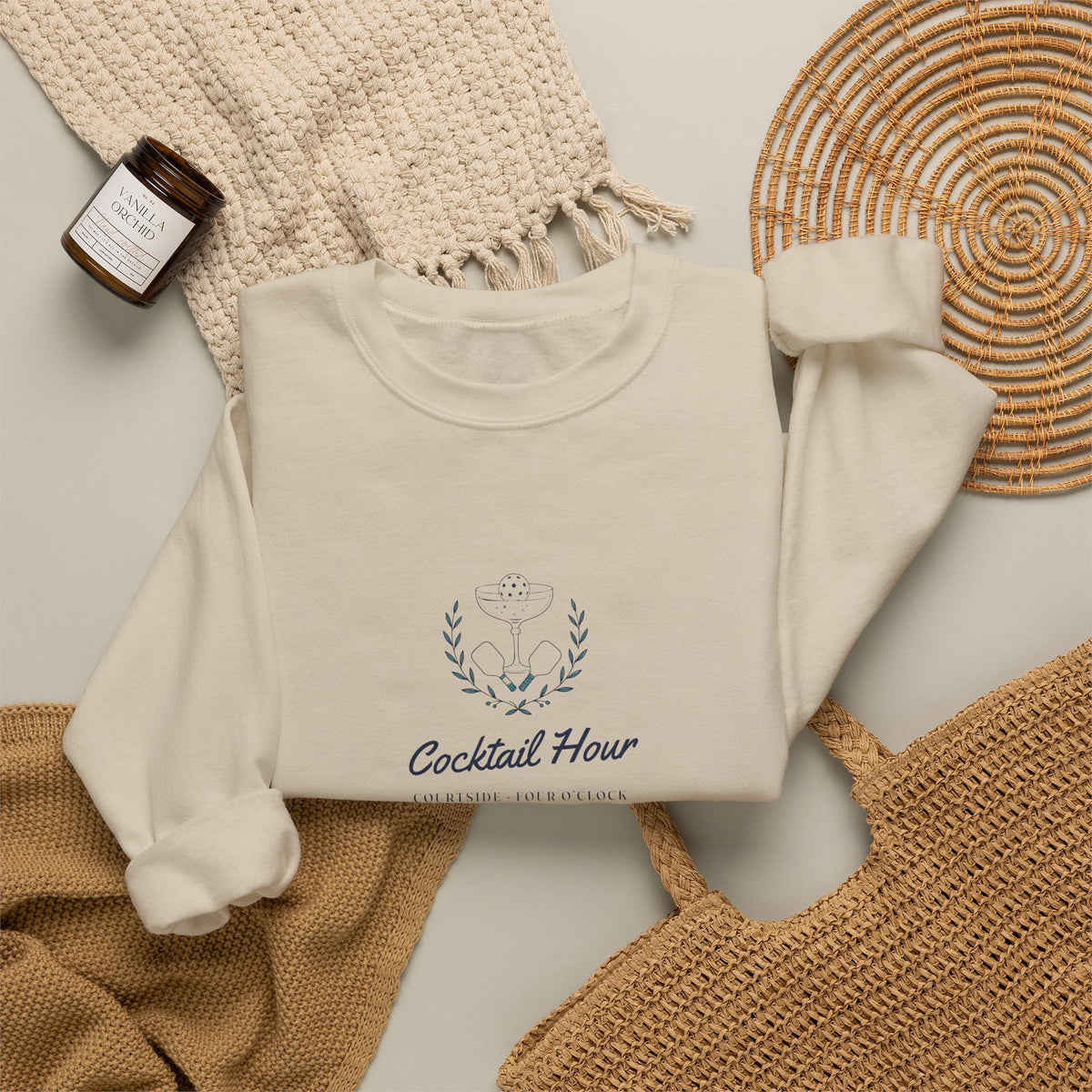 Cocktail Hour Coupe Crewneck in Sand, flat lay