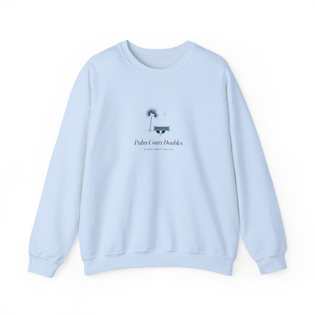 Palm Court Crewneck in Light Blue, front view