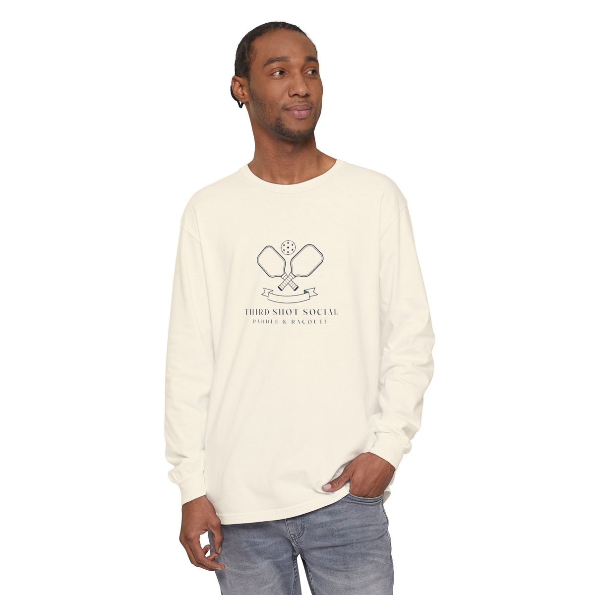 Paddle Crest Long Sleeve Tee in Ivory, on model