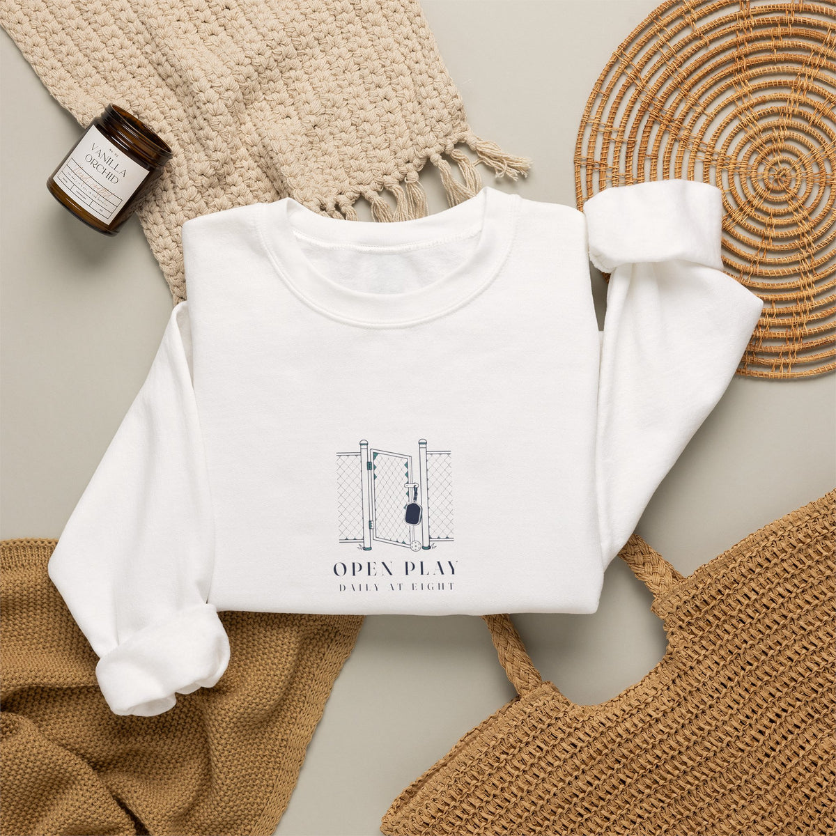 Court Gate Crewneck in White, flat lay