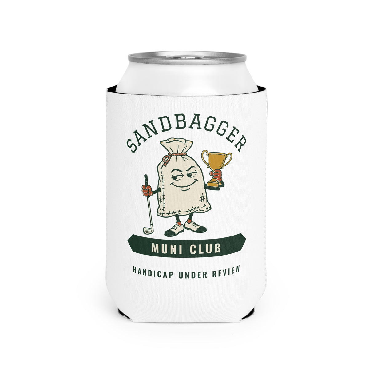 Sandbagger Can Cooler in White, front view, second angle