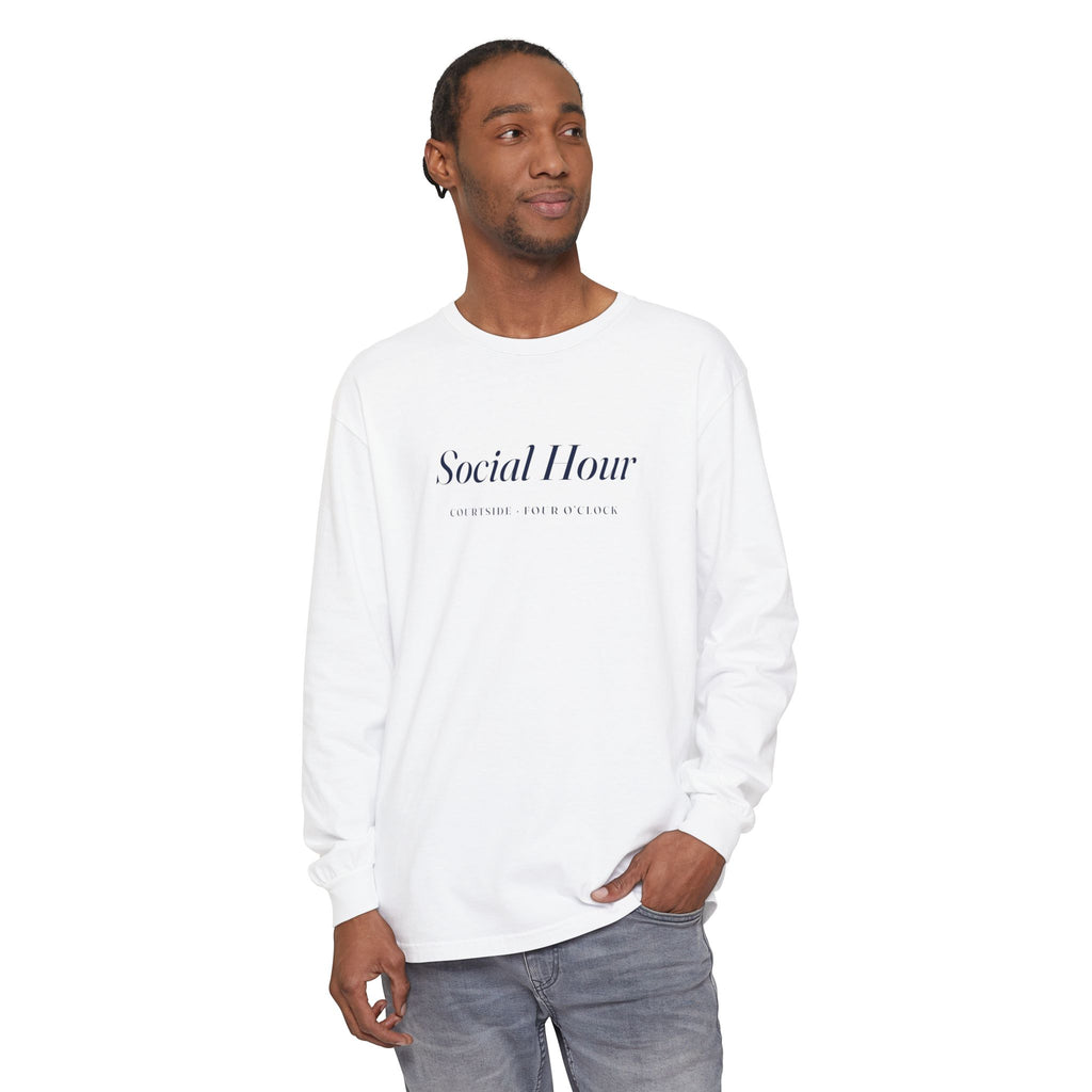 Social Hour Long Sleeve Tee in White, on model