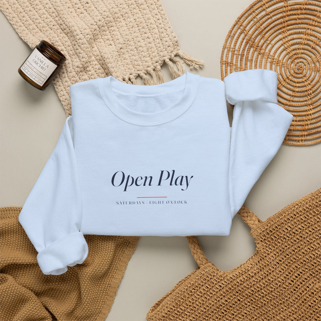 Open Play Italic Crewneck in Light Blue, flat lay