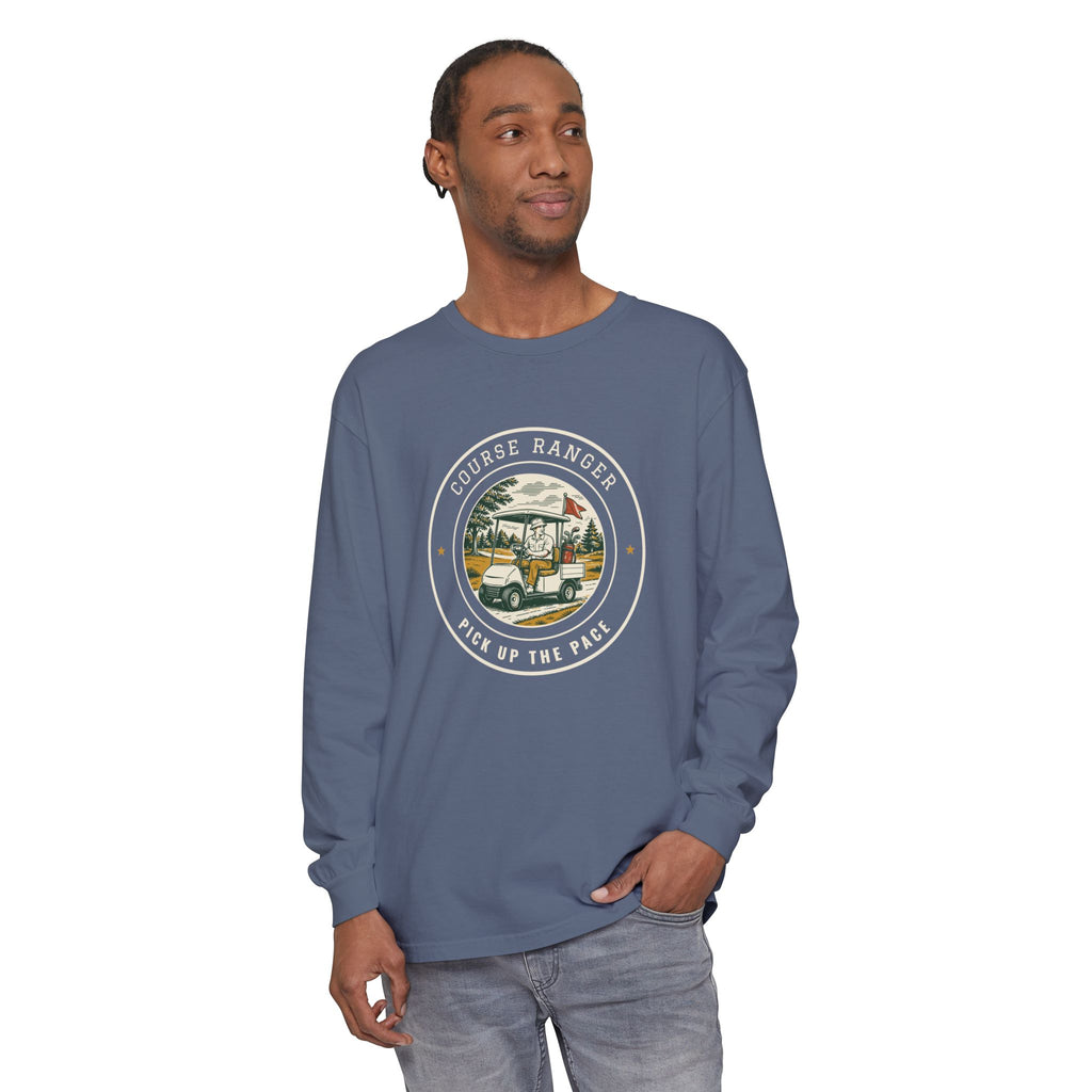Course Ranger Long Sleeve Tee in Blue Jean, on model