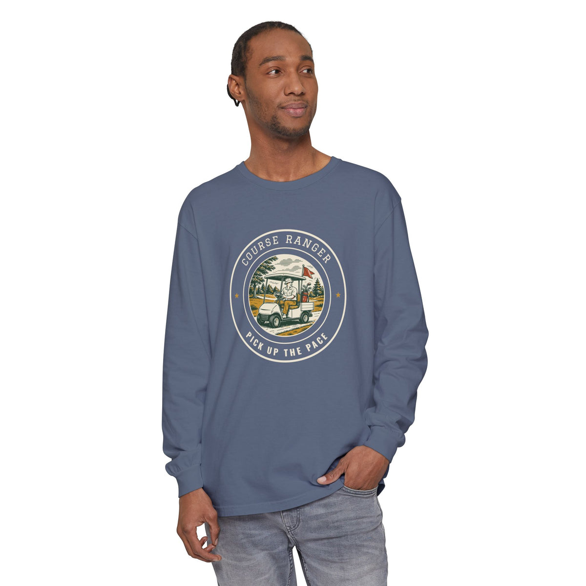 Course Ranger Long Sleeve Tee in Blue Jean, on model