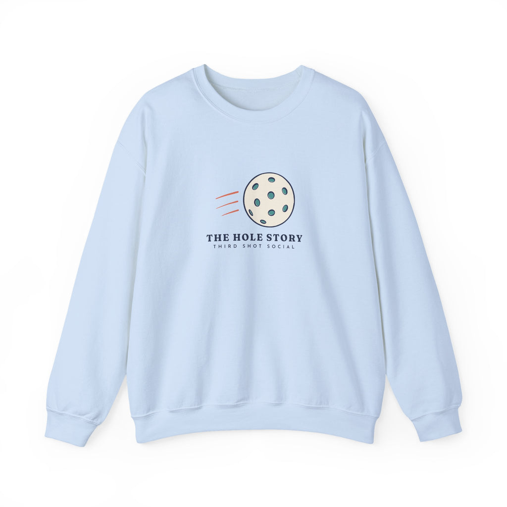 The Hole Story Crewneck in Light Blue, front view
