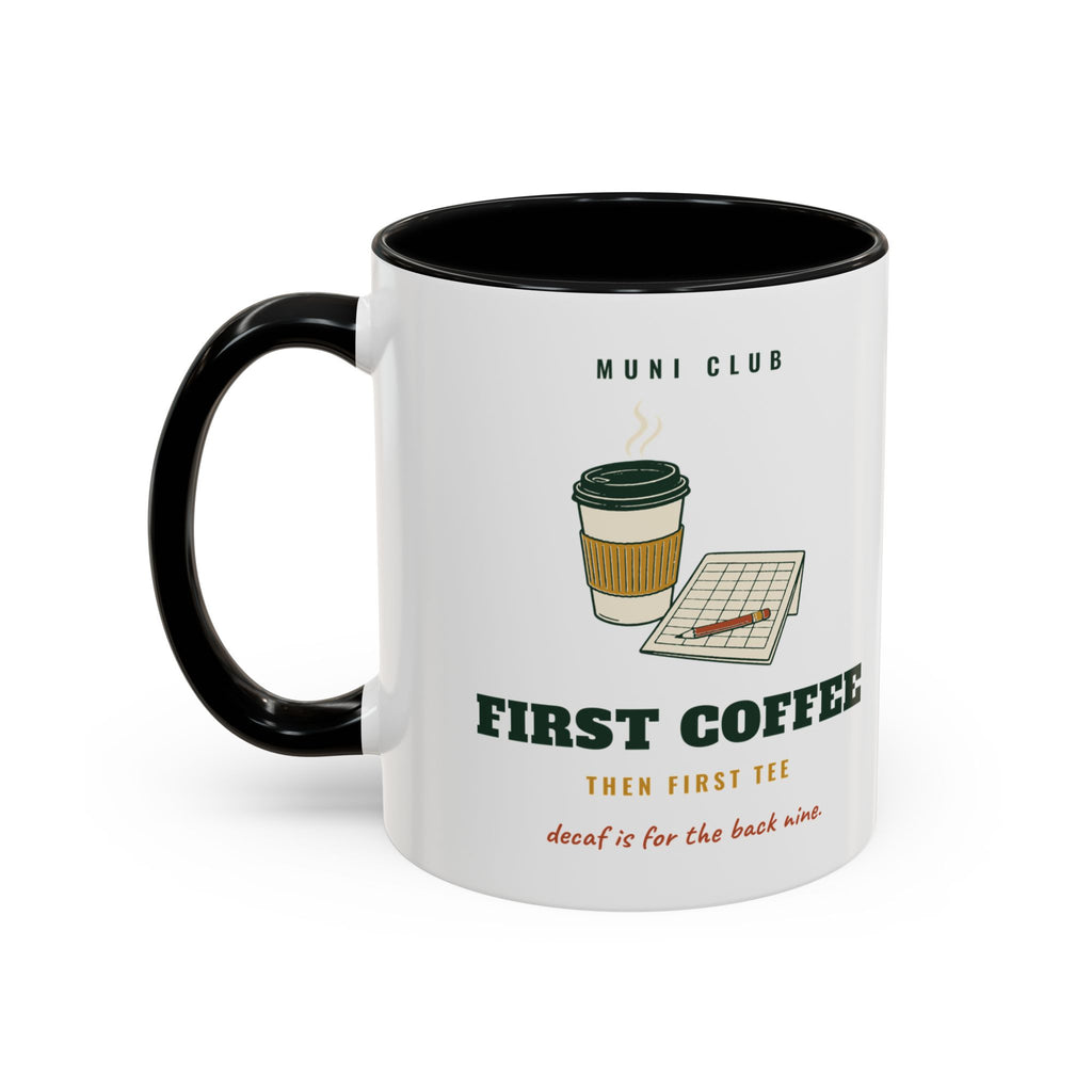 First Coffee Mug in Black, design, handle left