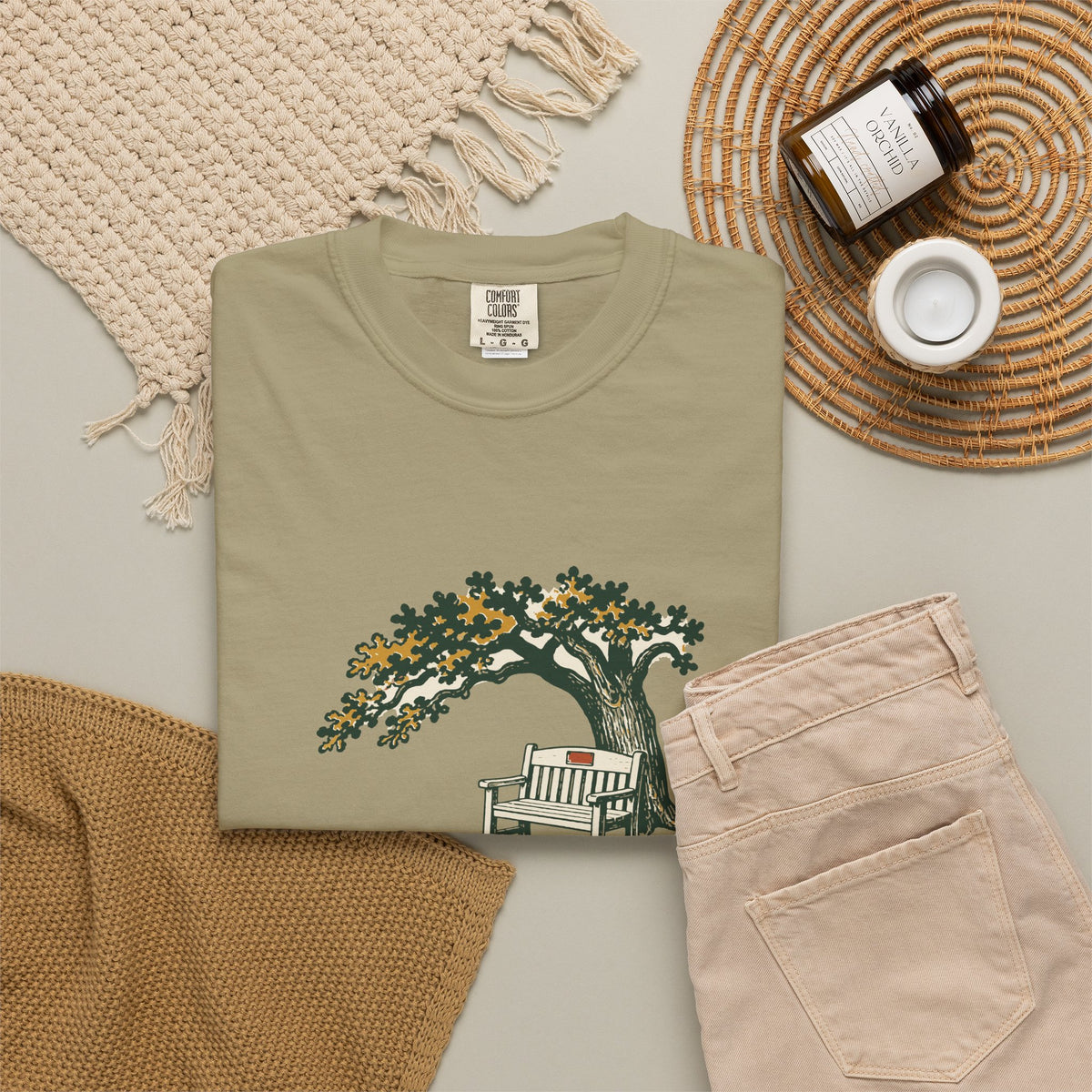 Sit a Spell Tee in Khaki, flat lay
