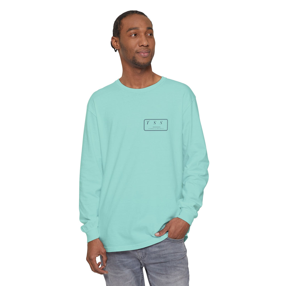 Monogram Shield Long Sleeve Tee in Chalky Mint, on model
