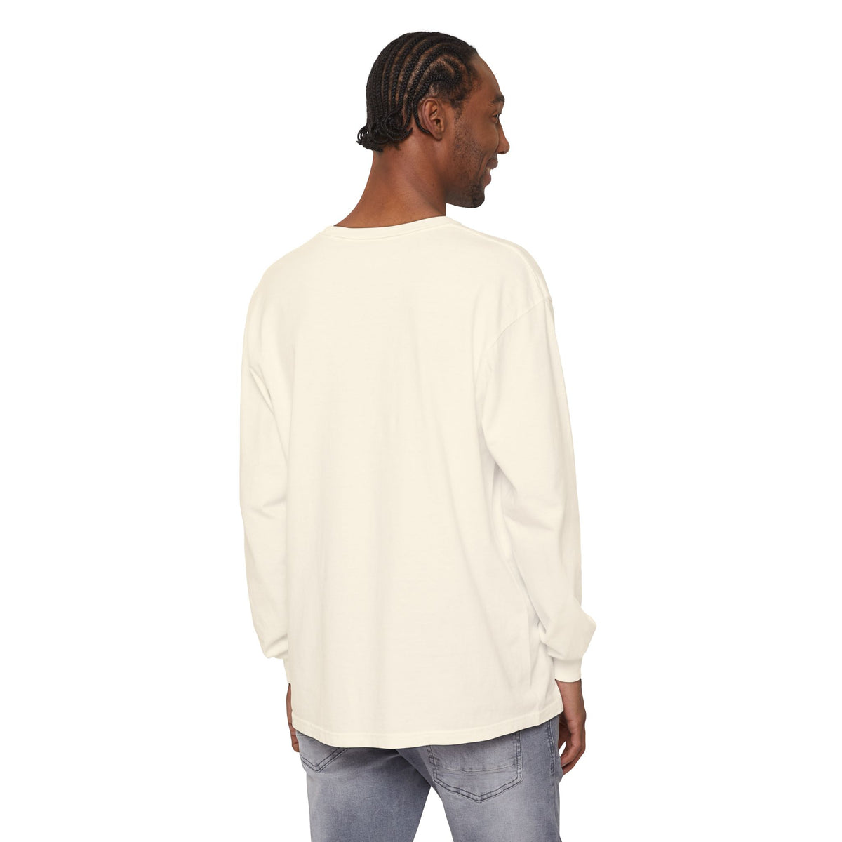 Course Ranger Long Sleeve Tee in Ivory, on model, back view