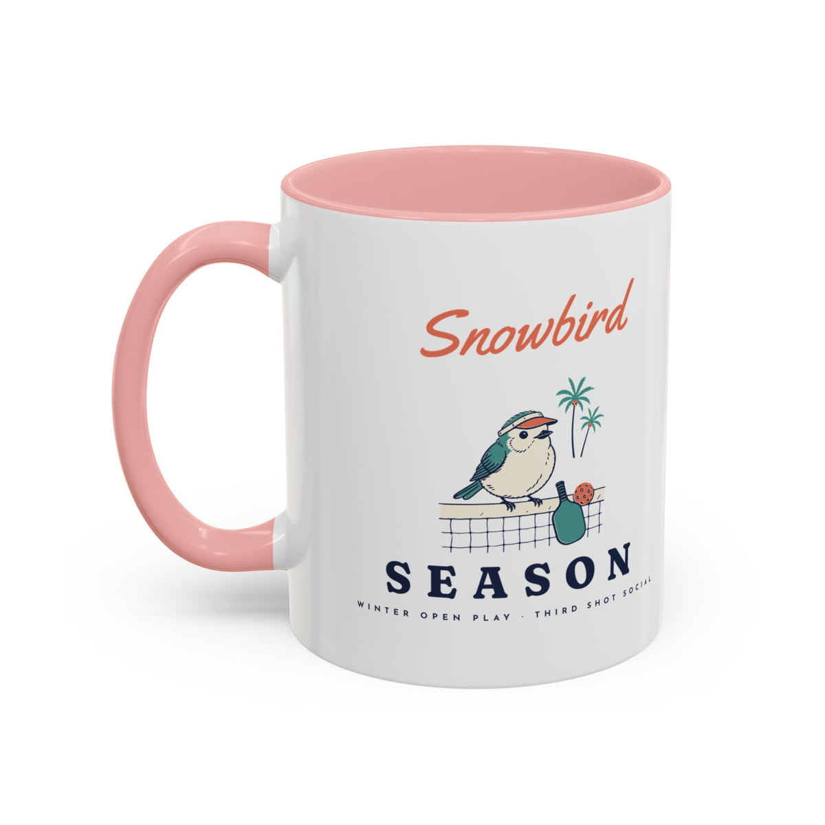 Snowbird Season Mug in Pink, design, handle left