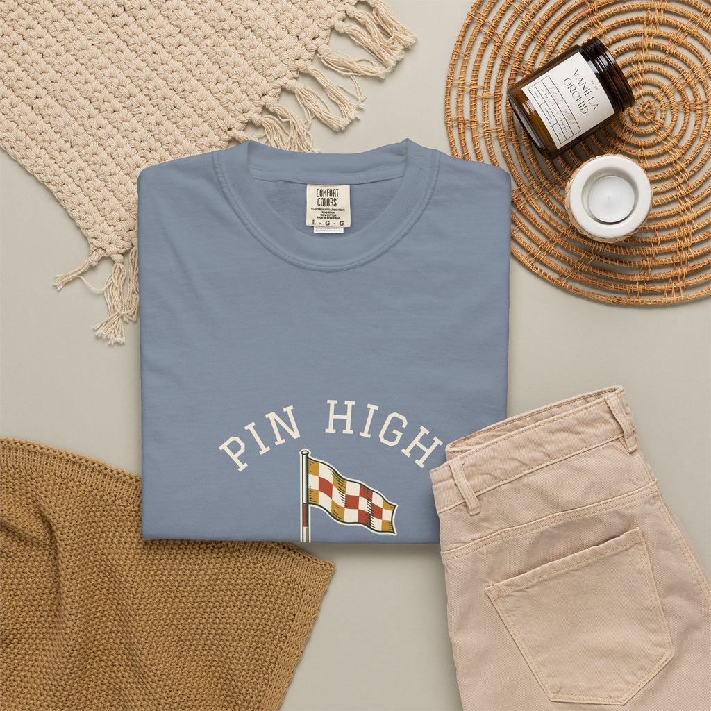 Pin High Tee in Blue Jean, flat lay