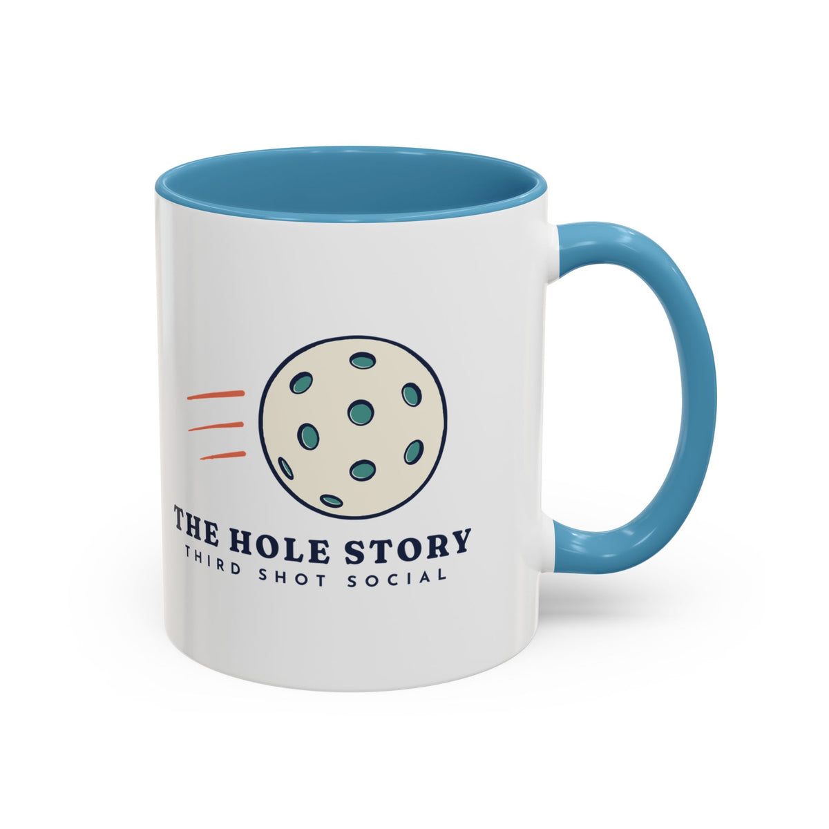The Hole Story Mug in Light Blue, design, handle right