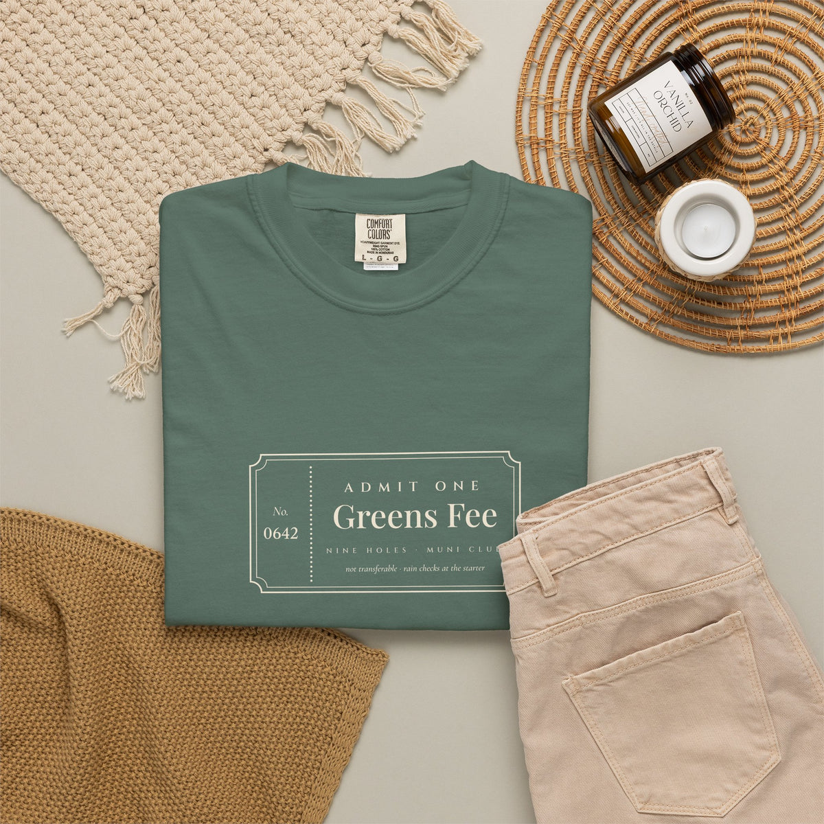 Greens Fee Tee in Blue Spruce, fabric and print detail